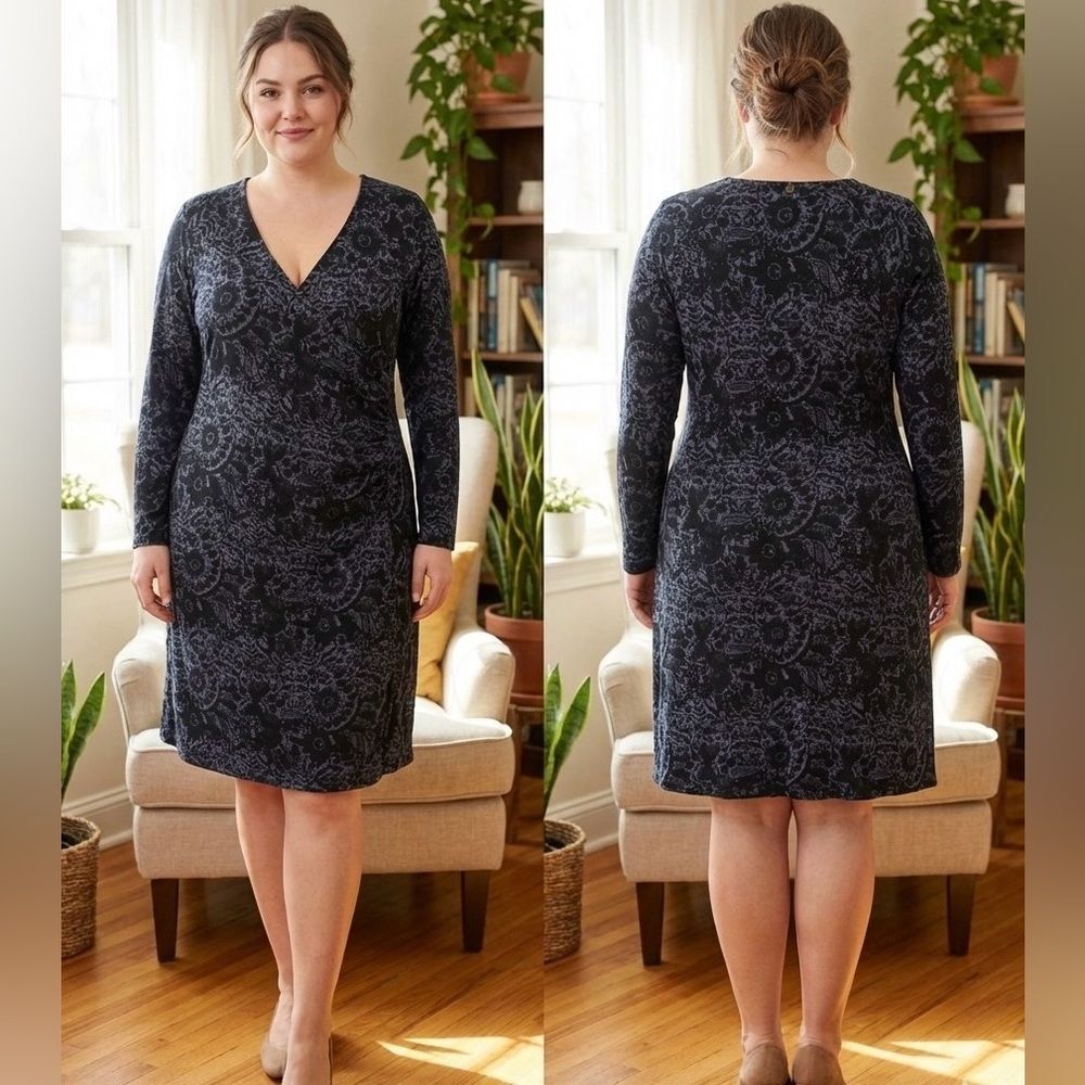Soft Surroundings Dress Plus Size 1X Faux Wrap Navy Purple Paisley Floral Ruched